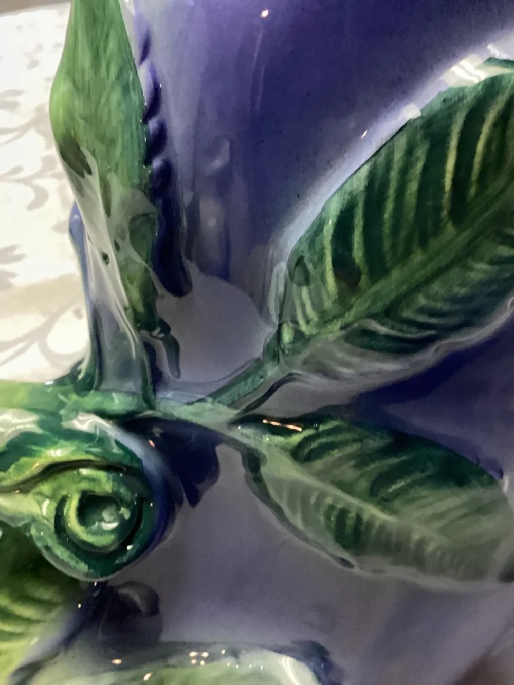 Eggplant pitcher majolica style. Fabulous item